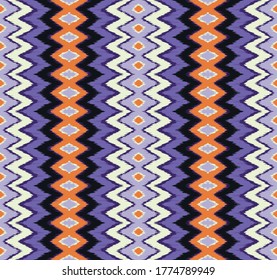 Ikat border. Geometric folk ornament. Ink on clothes. Tribal vector texture. Seamless striped pattern in Aztec style. Ethnic embroidery. Indian, Scandinavian, Gypsy, Mexican, African rug.