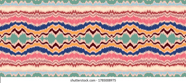 Ikat border. Geometric folk ornament. Ink on clothes. Tribal vector texture. Seamless striped pattern in Aztec style. Ethnic embroidery. Indian, Scandinavian, Gypsy, Mexican, African rug.