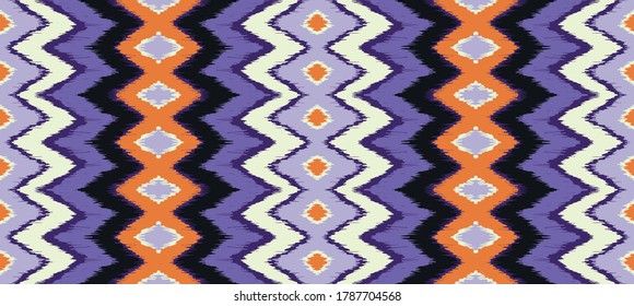 Ikat border. Geometric folk ornament. Ink on clothes. Tribal vector texture. Seamless striped pattern in Aztec style. Ethnic embroidery. Indian, Scandinavian, Gypsy, Mexican, African rug.