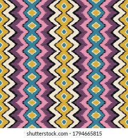 Ikat border. Geometric folk ornament. Ink on clothes. Tribal vector texture. Seamless striped pattern in Aztec style. Ethnic embroidery. Indian, Scandinavian, Gypsy, Mexican, African rug.