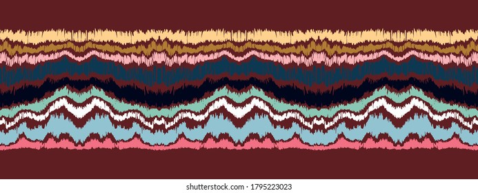 Ikat border. Geometric folk ornament. Ink on clothes. Tribal vector texture. Seamless striped pattern in Aztec style. Ethnic embroidery. Indian, Scandinavian, Gypsy, Mexican, African rug.