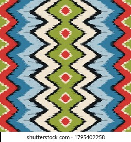 Ikat border. Geometric folk ornament. Ink on clothes. Tribal vector texture. Seamless striped pattern in Aztec style. Ethnic embroidery. Indian, Scandinavian, Gypsy, Mexican, African rug.