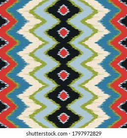 Frontera Ikat. Ornamento folclórico geométrico. Tinta en la ropa. Textura vectorial tribal. Patrón de rayas sin foco al estilo azteca. Borde étnico. India, escandinava, gitana, mexicana, africana.