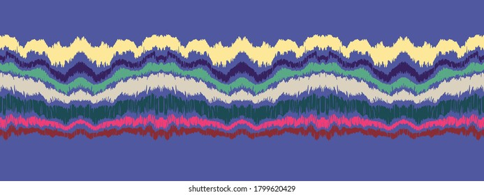 Ikat border. Geometric folk ornament. Ink on clothes. Tribal vector texture. Seamless striped pattern in Aztec style. Ethnic embroidery. Indian, Scandinavian, Gypsy, Mexican, African rug.