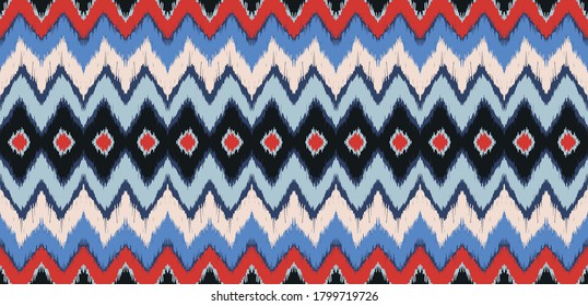 Ikat border. Geometric folk ornament. Ink on clothes. Tribal vector texture. Seamless striped pattern in Aztec style. Ethnic embroidery. Indian, Scandinavian, Gypsy, Mexican, African rug.
