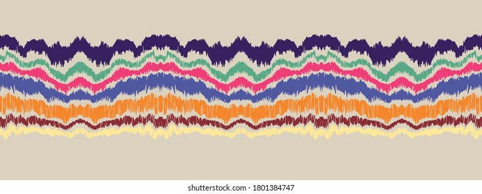 Ikat border. Geometric folk ornament. Ink on clothes. Tribal vector texture. Seamless striped pattern in Aztec style. Ethnic embroidery. Indian, Scandinavian, Gypsy, Mexican, African rug.