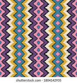 Ikat border. Geometric folk ornament. Ink on clothes. Tribal vector texture. Seamless striped pattern in Aztec style. Ethnic embroidery. Indian, Scandinavian, Gypsy, Mexican, African rug.