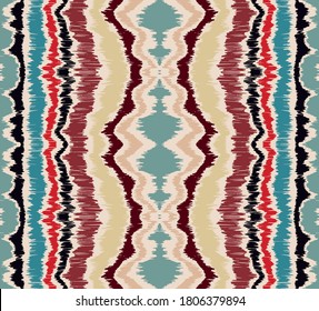 Ikat border. Geometric folk ornament. Ink on clothes. Tribal vector texture. Seamless striped pattern in Aztec style. Ethnic embroidery. Indian, Scandinavian, Gypsy, Mexican, African rug.
