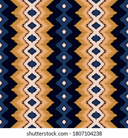 Ikat border. Geometric folk ornament. Ink on clothes. Tribal vector texture. Seamless striped pattern in Aztec style. Ethnic embroidery. Indian, Scandinavian, Gypsy, Mexican, African rug.