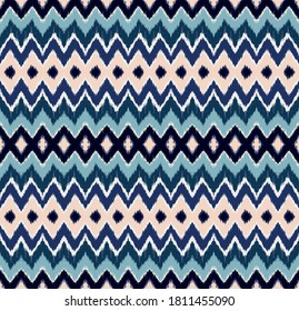 Ikat border. Geometric folk ornament. Ink on clothes. Tribal vector texture. Seamless striped pattern in Aztec style. Ethnic embroidery. Indian, Scandinavian, Gypsy, Mexican, African rug.