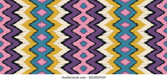Ikat border. Geometric folk ornament. Ink on clothes. Tribal vector texture. Seamless striped pattern in Aztec style. Ethnic embroidery. Indian, Scandinavian, Gypsy, Mexican, African rug.