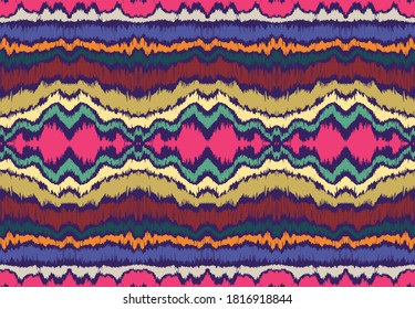 Ikat border. Geometric folk ornament. Ink on clothes. Tribal vector texture. Seamless striped pattern in Aztec style. Ethnic embroidery. Indian, Scandinavian, Gypsy, Mexican, African rug.