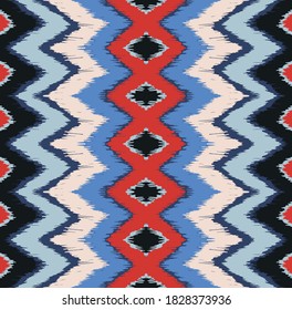 Ikat border. Geometric folk ornament. Ink on clothes. Tribal vector texture. Seamless striped pattern in Aztec style. Ethnic embroidery. Indian, Scandinavian, Gypsy, Mexican, African rug.