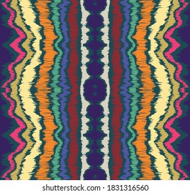 Ikat border. Geometric folk ornament. Ink on clothes. Tribal vector texture. Seamless striped pattern in Aztec style. Ethnic embroidery. Indian, Scandinavian, Gypsy, Mexican, African rug.