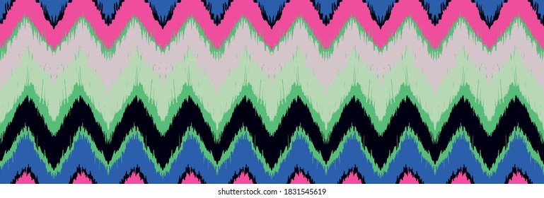 Ikat border. Geometric folk ornament. Ink on clothes. Tribal vector texture. Seamless striped pattern in Aztec style. Ethnic embroidery. Indian, Scandinavian, Gypsy, Mexican, African rug.