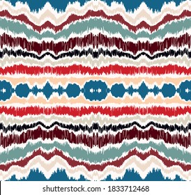Ikat border. Geometric folk ornament. Ink on clothes. Tribal vector texture. Seamless striped pattern in Aztec style. Ethnic embroidery. Indian, Scandinavian, Gypsy, Mexican, African rug.