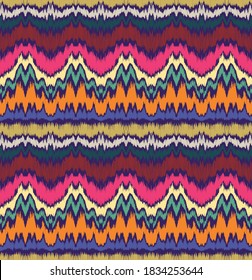 Ikat border. Geometric folk ornament. Ink on clothes. Tribal vector texture. Seamless striped pattern in Aztec style. Ethnic embroidery. Indian, Scandinavian, Gypsy, Mexican, African rug.