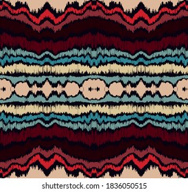 Ikat border. Geometric folk ornament. Ink on clothes. Tribal vector texture. Seamless striped pattern in Aztec style. Ethnic embroidery. Indian, Scandinavian, Gypsy, Mexican, African rug.