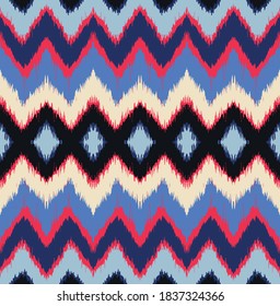 Ikat border. Geometric folk ornament. Ink on clothes. Tribal vector texture. Seamless striped pattern in Aztec style. Ethnic embroidery. Indian, Scandinavian, Gypsy, Mexican, African rug.