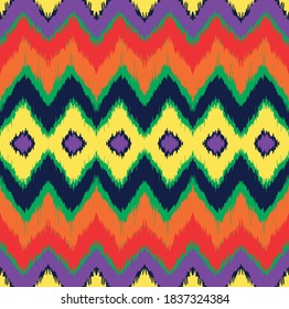 Ikat border. Geometric folk ornament. Ink on clothes. Tribal vector texture. Seamless striped pattern in Aztec style. Ethnic embroidery. Indian, Scandinavian, Gypsy, Mexican, African rug.