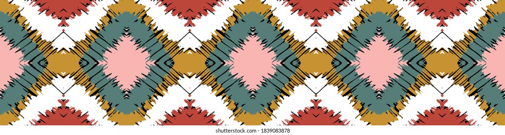 Ikat border. Geometric folk ornament. Tribal vector texture. Seamless striped pattern in Aztec style. Ethnic embroidery. Indian, Scandinavian, Gypsy, Mexican, African rug.