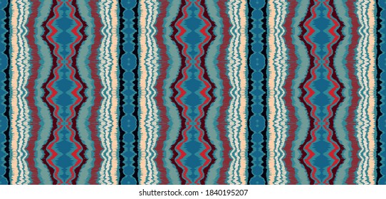 Ikat border. Geometric folk ornament. Ink on clothes. Tribal vector texture. Seamless striped pattern in Aztec style. Ethnic embroidery. Indian, Scandinavian, Gypsy, Mexican, African rug.