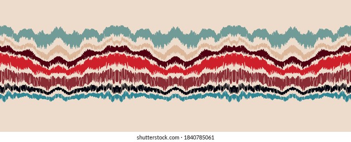 Ikat border. Geometric folk ornament. Ink on clothes. Tribal vector texture. Seamless striped pattern in Aztec style. Ethnic embroidery. Indian, Scandinavian, Gypsy, Mexican, African rug.