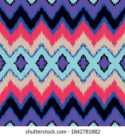 Ikat border. Geometric folk ornament. Ink on clothes. Tribal vector texture. Seamless striped pattern in Aztec style. Ethnic embroidery. Indian, Scandinavian, Gypsy, Mexican, African rug.