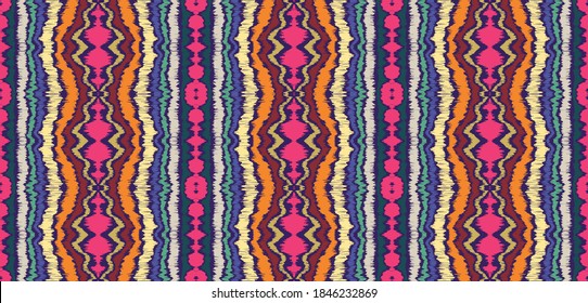 Ikat border. Geometric folk ornament. Ink on clothes. Tribal vector texture. Seamless striped pattern in Aztec style. Ethnic embroidery. Indian, Scandinavian, Gypsy, Mexican, African rug.
