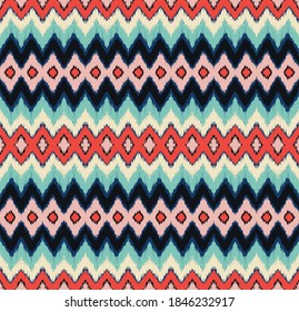 Ikat border. Geometric folk ornament. Ink on clothes. Tribal vector texture. Seamless striped pattern in Aztec style. Ethnic embroidery. Indian, Scandinavian, Gypsy, Mexican, African rug.
