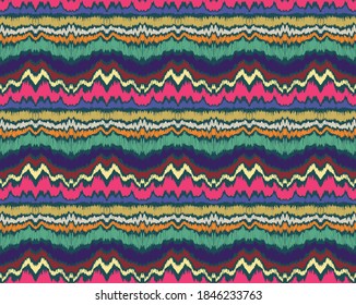 Ikat border. Geometric folk ornament. Ink on clothes. Tribal vector texture. Seamless striped pattern in Aztec style. Ethnic embroidery. Indian, Scandinavian, Gypsy, Mexican, African rug.