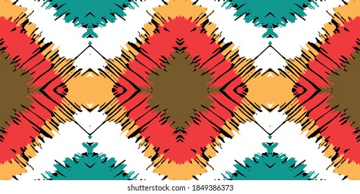 Ikat border. Geometric folk ornament. Tribal vector texture. Seamless striped pattern in Aztec style. Ethnic embroidery. Indian, Scandinavian, Gypsy, Mexican, African rug.