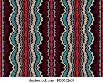 Ikat border. Geometric folk ornament. Ink on clothes. Tribal vector texture. Seamless striped pattern in Aztec style. Ethnic embroidery. Indian, Scandinavian, Gypsy, Mexican, African rug.