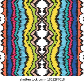 Ikat border. Geometric folk ornament. Ink on clothes. Tribal vector texture. Seamless striped pattern in Aztec style. Ethnic embroidery. Indian, Scandinavian, Gypsy, Mexican, African rug.