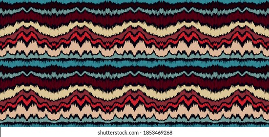 Ikat border. Geometric folk ornament. Ink on clothes. Tribal vector texture. Seamless striped pattern in Aztec style. Ethnic embroidery. Indian, Scandinavian, Gypsy, Mexican, African rug.