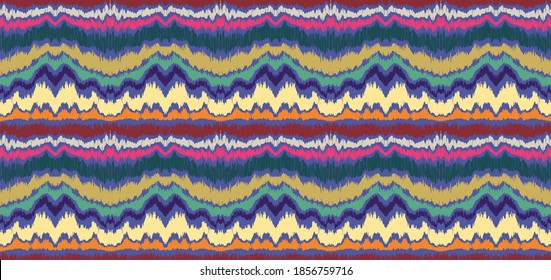 Ikat border. Geometric folk ornament. Ink on clothes. Tribal vector texture. Seamless striped pattern in Aztec style. Ethnic embroidery. Indian, Scandinavian, Gypsy, Mexican, African rug.