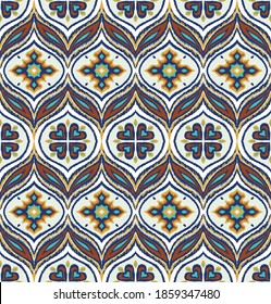 Ikat border. Geometric folk ornament. Ink on clothes. Tribal vector texture. Seamless striped pattern in Aztec style. Ethnic embroidery. Indian, Scandinavian, Gypsy, Mexican, African rug.