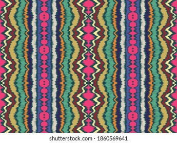 Ikat border. Geometric folk ornament. Ink on clothes. Tribal vector texture. Seamless striped pattern in Aztec style. Ethnic embroidery. Indian, Scandinavian, Gypsy, Mexican, African rug.