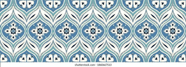 Ikat border. Geometric folk ornament. Ink on clothes. Tribal vector texture. Seamless striped pattern in Aztec style. Ethnic embroidery. Indian, Scandinavian, Gypsy, Mexican, African rug.