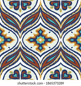 Ikat border. Geometric folk ornament. Ink on clothes. Tribal vector texture. Seamless striped pattern in Aztec style. Ethnic embroidery. Indian, Scandinavian, Gypsy, Mexican, African rug.