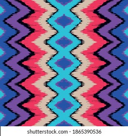 Ikat border. Geometric folk ornament. Ink on clothes. Tribal vector texture. Seamless striped pattern in Aztec style. Ethnic embroidery. Indian, Scandinavian, Gypsy, Mexican, African rug.