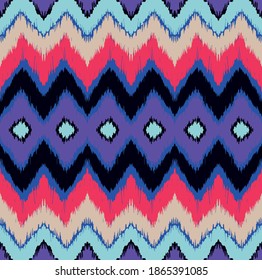 Ikat border. Geometric folk ornament. Ink on clothes. Tribal vector texture. Seamless striped pattern in Aztec style. Ethnic embroidery. Indian, Scandinavian, Gypsy, Mexican, African rug.