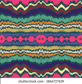 Ikat border. Geometric folk ornament. Ink on clothes. Tribal vector texture. Seamless striped pattern in Aztec style. Ethnic embroidery. Indian, Scandinavian, Gypsy, Mexican, African rug.