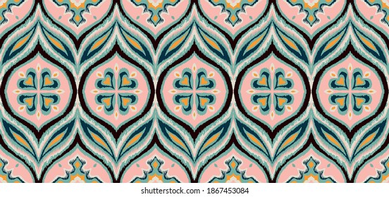 Ikat border. Geometric folk ornament. Ink on clothes. Tribal vector texture. Seamless striped pattern in Aztec style. Ethnic embroidery. Indian, Scandinavian, Gypsy, Mexican, African rug.