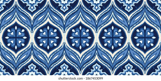 Ikat border. Geometric folk ornament. Ink on clothes. Tribal vector texture. Seamless striped pattern in Aztec style. Ethnic embroidery. Indian, Scandinavian, Gypsy, Mexican, African rug.