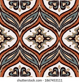 Ikat border. Geometric folk ornament. Ink on clothes. Tribal vector texture. Seamless striped pattern in Aztec style. Ethnic embroidery. Indian, Scandinavian, Gypsy, Mexican, African rug.