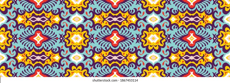 Ikat border. Geometric folk ornament. Ink on clothes. Tribal vector texture. Seamless striped pattern in Aztec style. Ethnic embroidery. Indian, Scandinavian, Gypsy, Mexican, African rug.