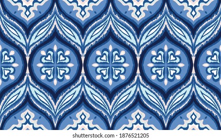 Ikat border. Geometric folk ornament. Ink on clothes. Tribal vector texture. Seamless striped pattern in Aztec style. Ethnic embroidery. Indian, Scandinavian, Gypsy, Mexican, African rug.