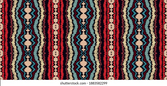 Ikat border. Geometric folk ornament. Ink on clothes. Tribal vector texture. Seamless striped pattern in Aztec style. Ethnic embroidery. Indian, Scandinavian, Gypsy, Mexican, African rug.