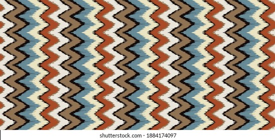 Ikat border. Geometric folk ornament. Ink on clothes. Tribal vector texture. Seamless striped pattern in Aztec style. Ethnic embroidery. Indian, Scandinavian, Gypsy, Mexican, African rug.